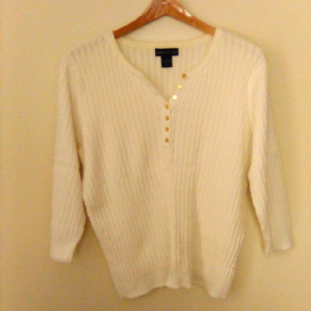 Karen Scott White Cotton Cable Knit Pullover Sweater with Gold Buttons Size L